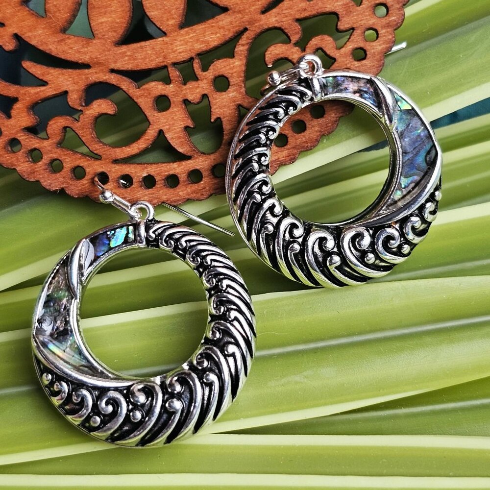 Earrings. Abalone and Silver Hoops. NWT. - Picture 2 of 6